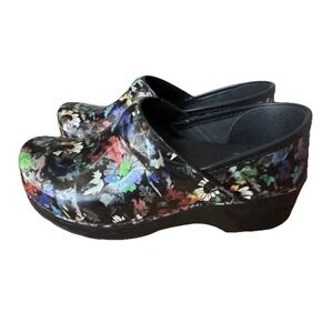 Dansko Shoes Black Patent Leather Clogs Floral Slip On Nursing‎ 37 US 7 Italy